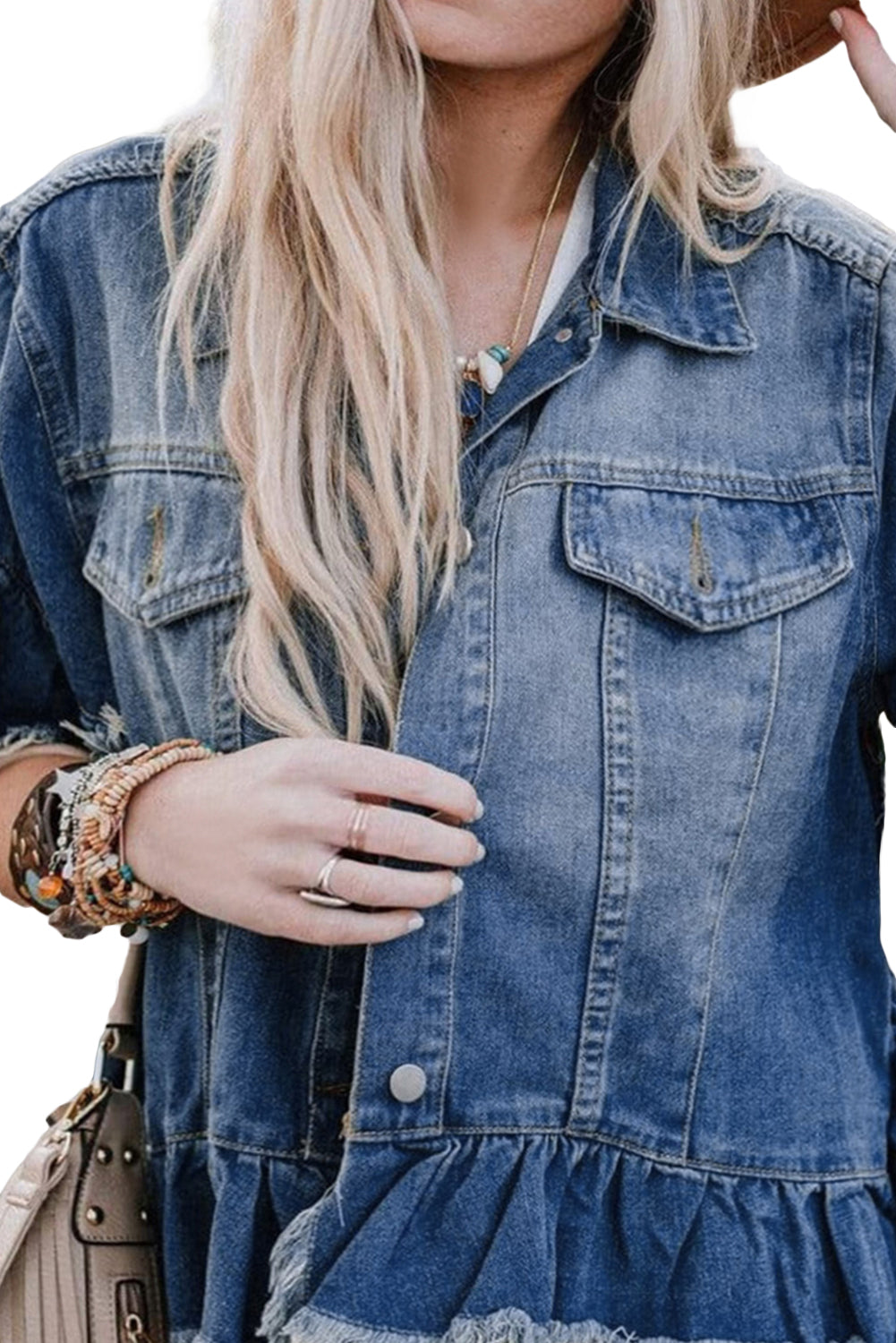 Peacock Blue Ruffle Frayed Hem Short Sleeve Plus Size Denim Jacket