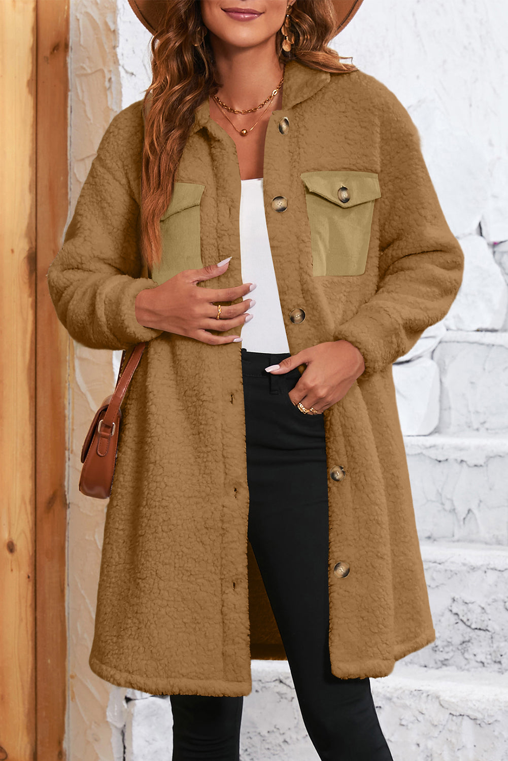 Khaki Contrast Flap Pocket Single Breasted Teddy Coat