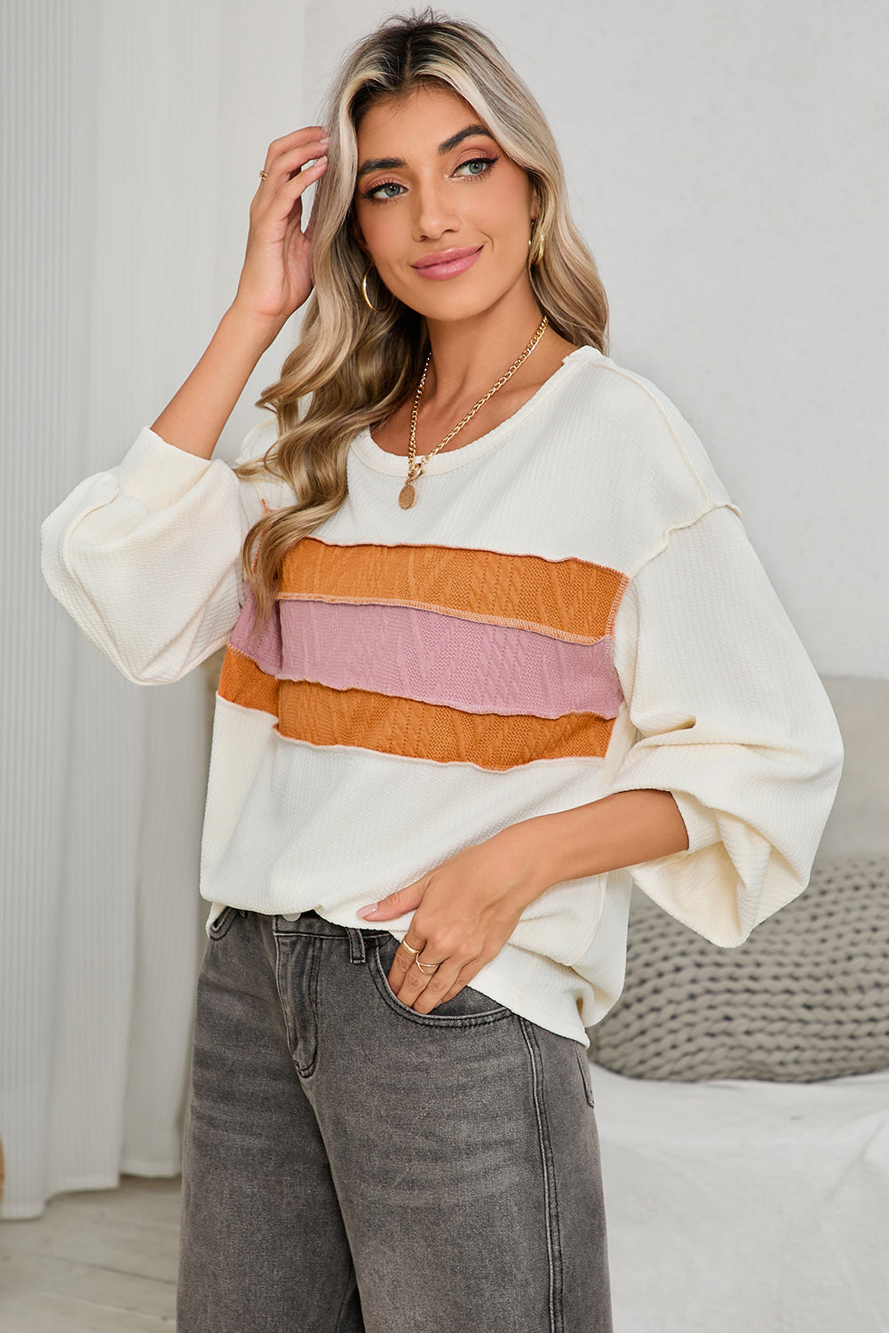 White Corded Exposed Seam Patchwork Drop Sleeve Top