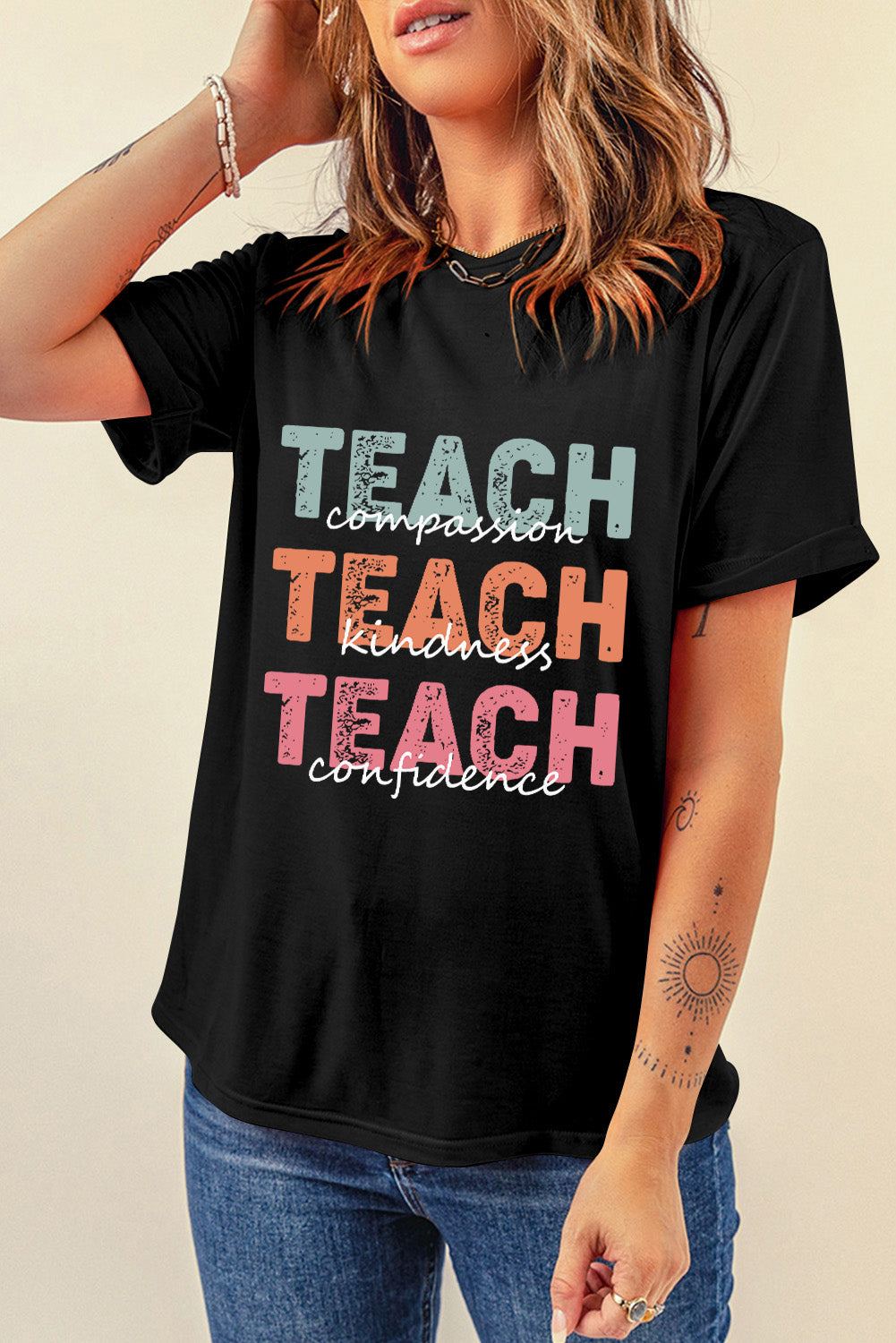 Black TEACH Letter Graphic Crewneck T Shirt