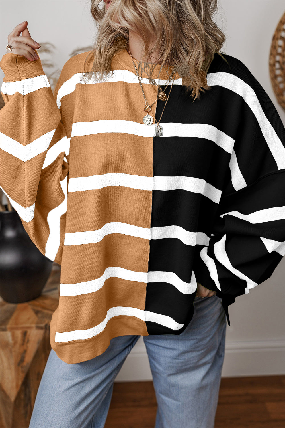 Light Beige Striped Colorblock Drop Shoulder Sweater