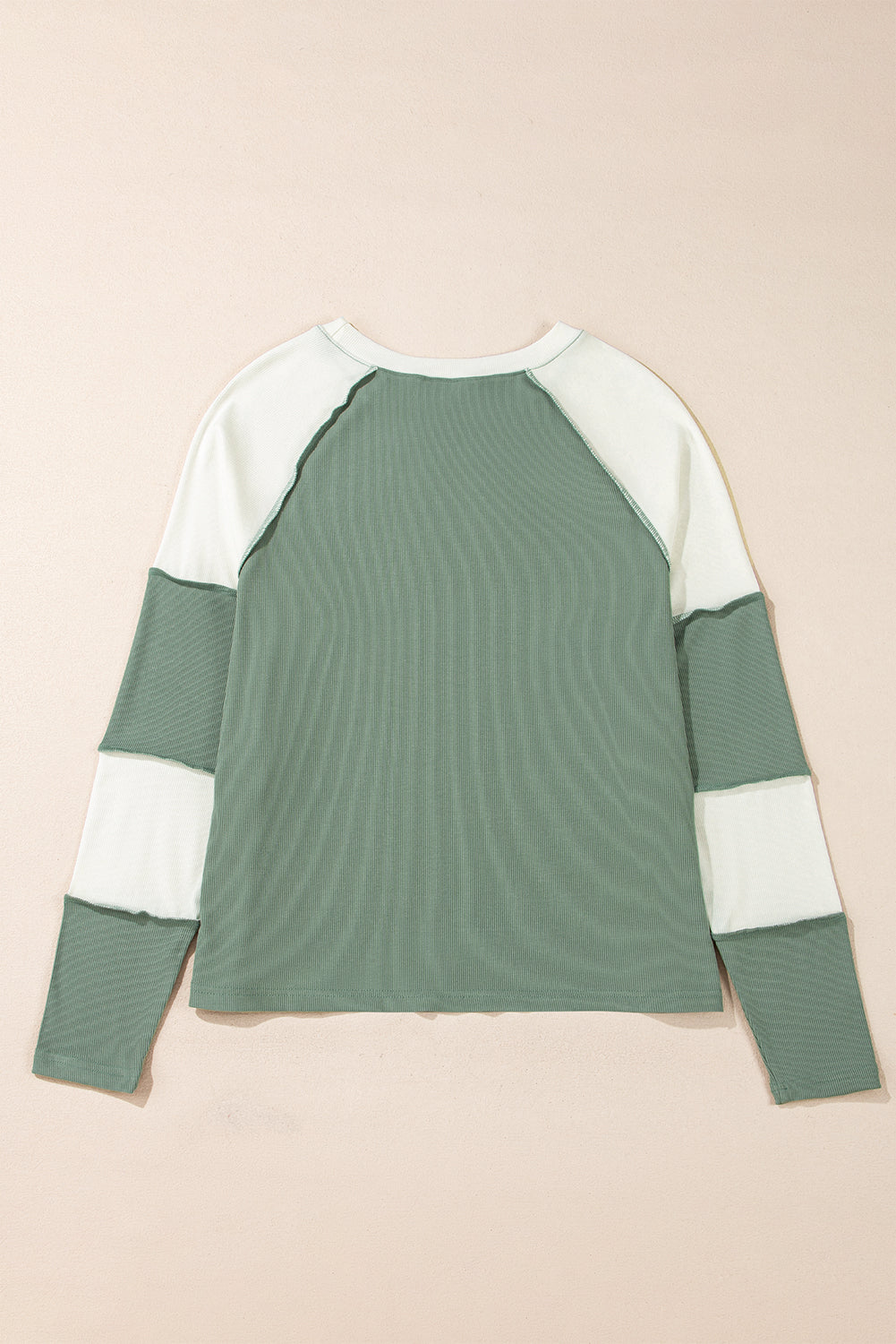 Mint Green Ribbed Colorblock Patchwork Raglan Long Sleeve Top