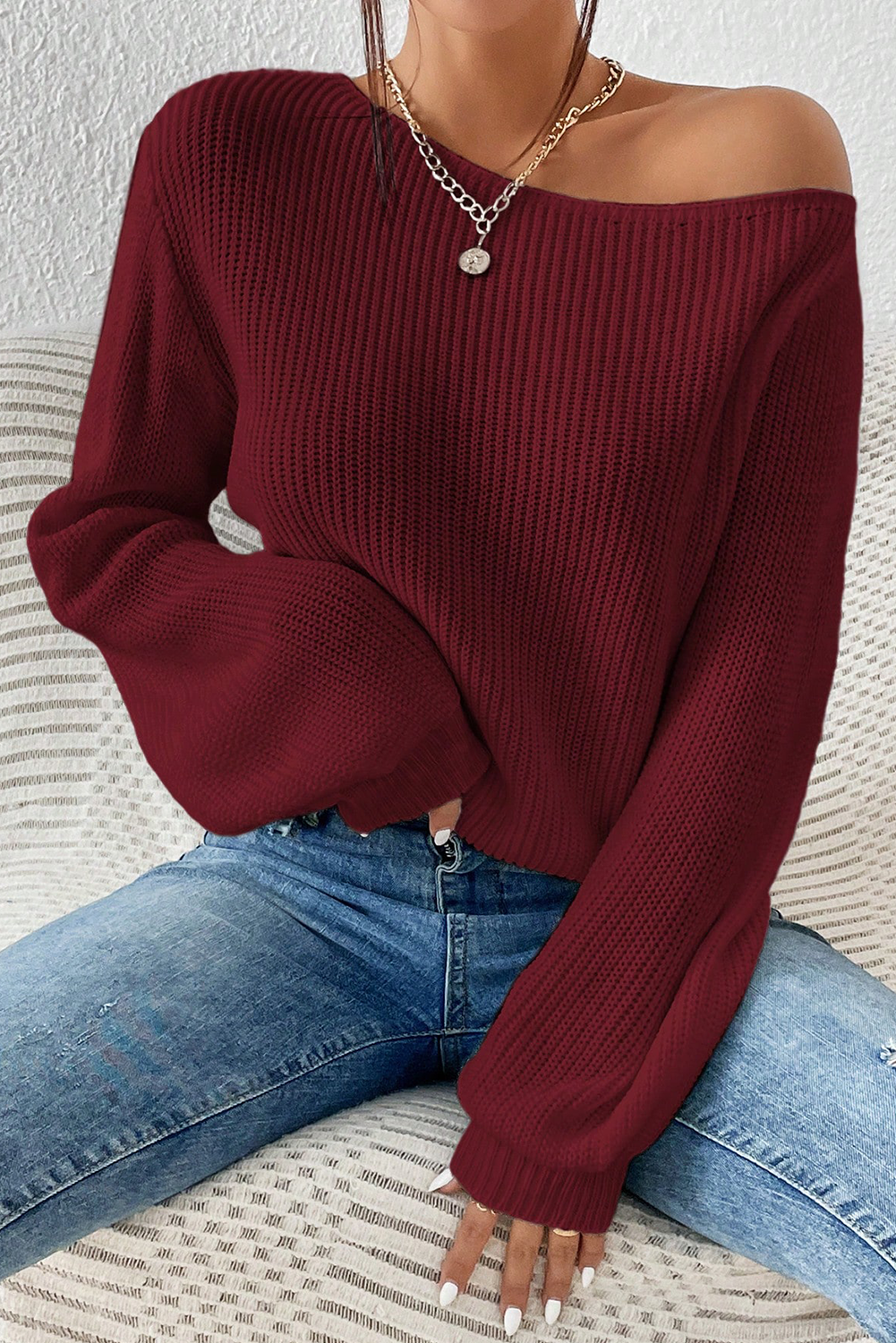 Burgundy Solid Color Of Shoulder Long Sleeve Sweater