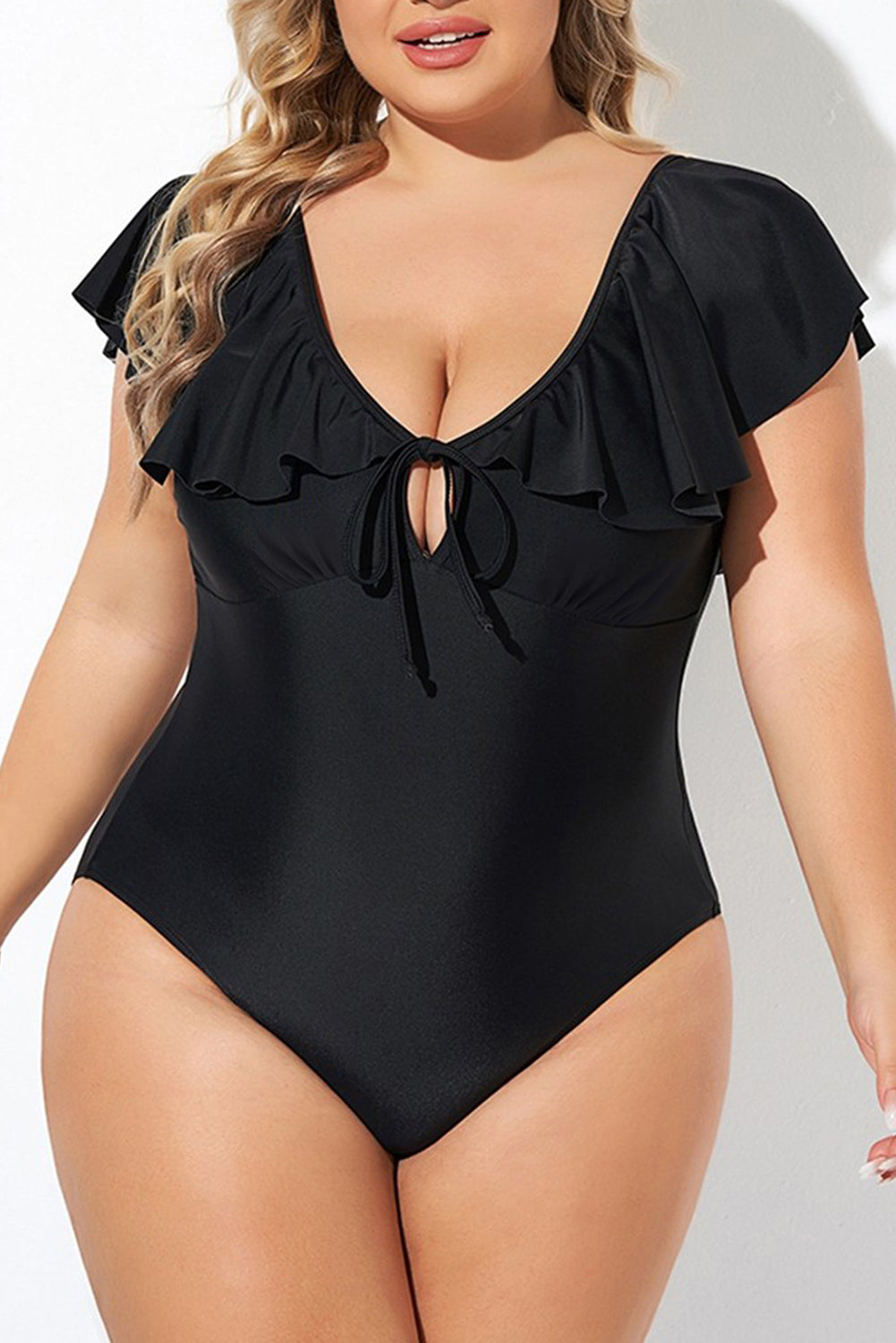 Black Ruffle Sleeve Lace-up V Neck Plus Size One Piece Swimsuit