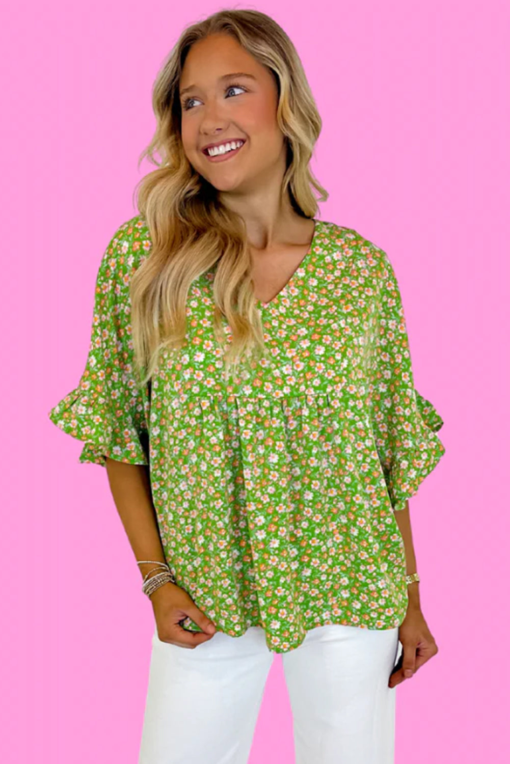 Green Floral Print Ruffle Sleeve V Neck Pleated Blouse