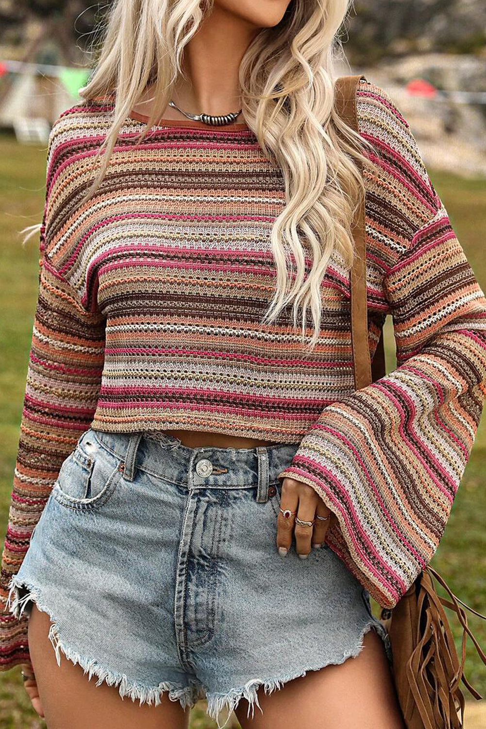 Rose Red Ethnic Striped Cropped Long Sleeve Top