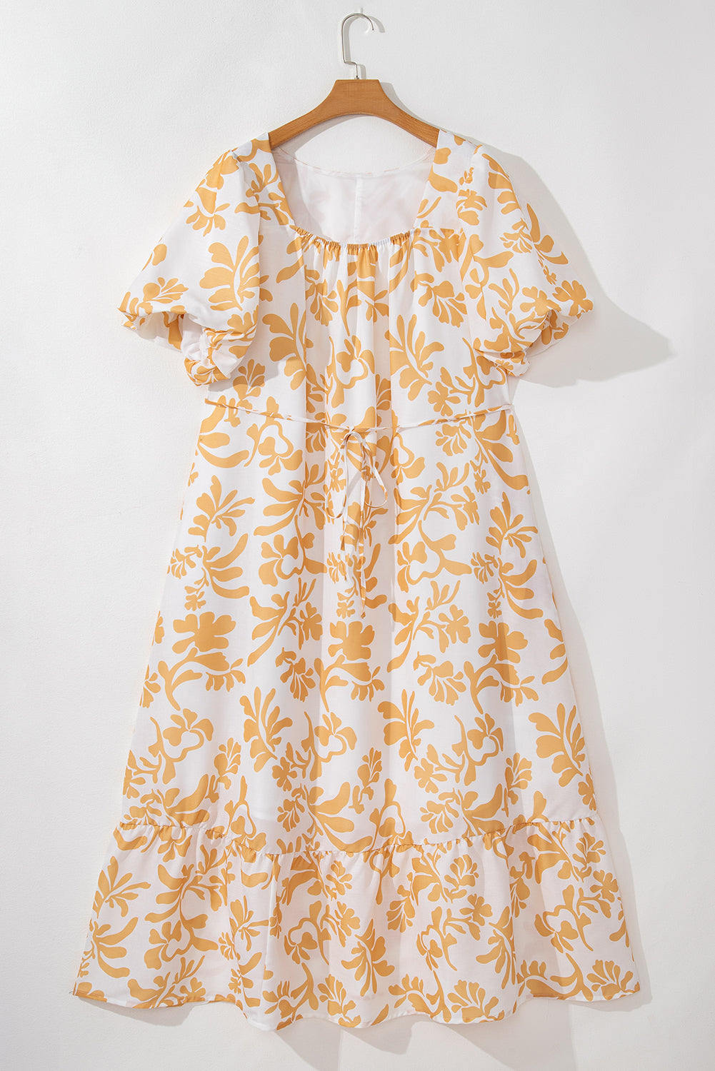 Apricot Floral Print Puff Short Sleeve Plus Size Maxi Dress