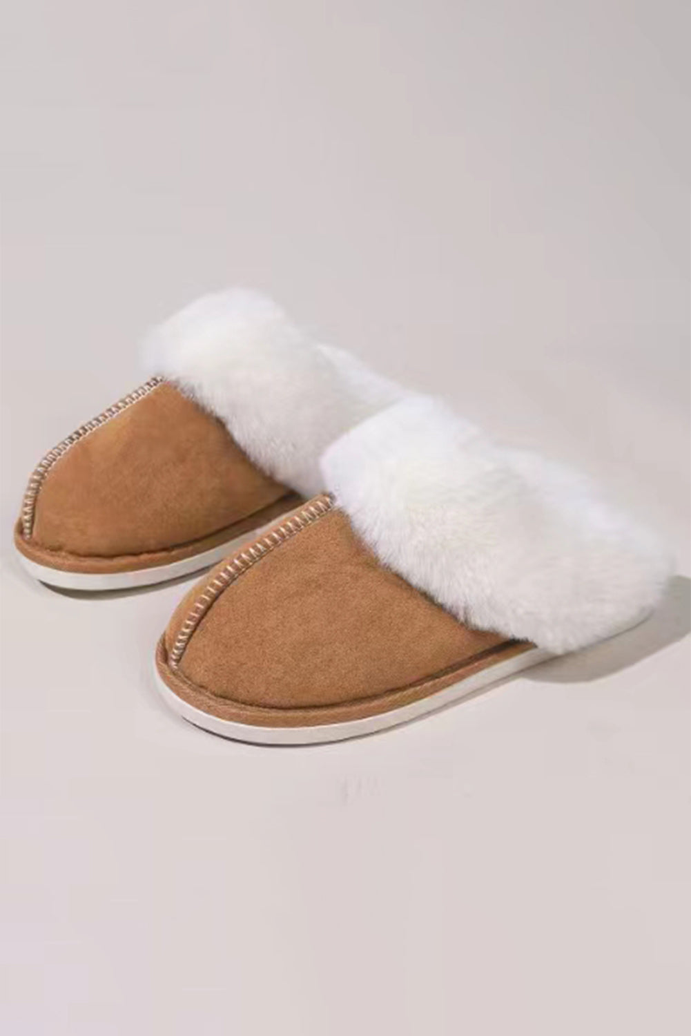 Camel Suede Plush Thick Sole Slides Shoes