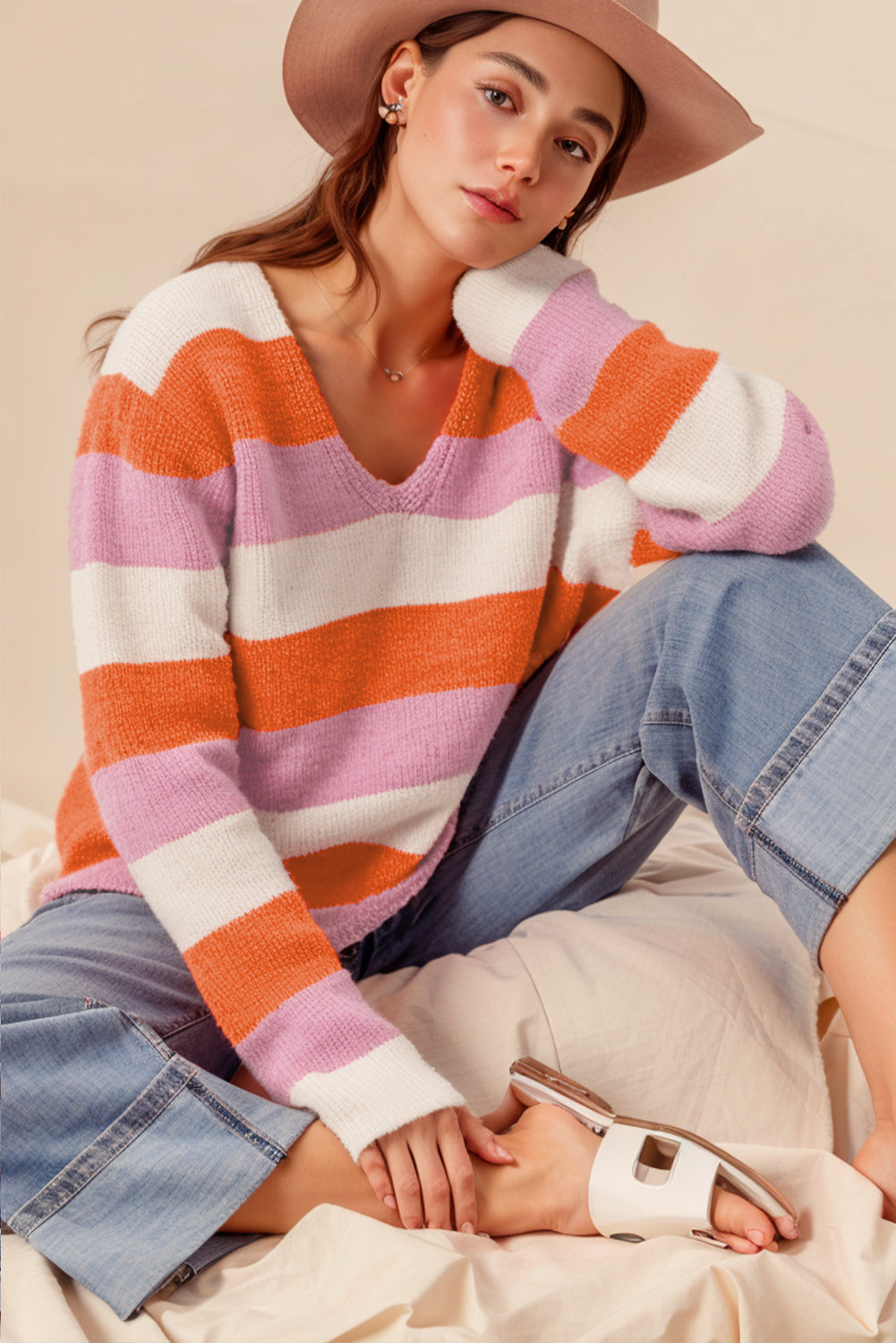 Orange Casual Stripe V Neck Side Slit Sweater