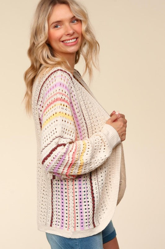 Haptics Full Size Striped Crochet Open Front Cardigan