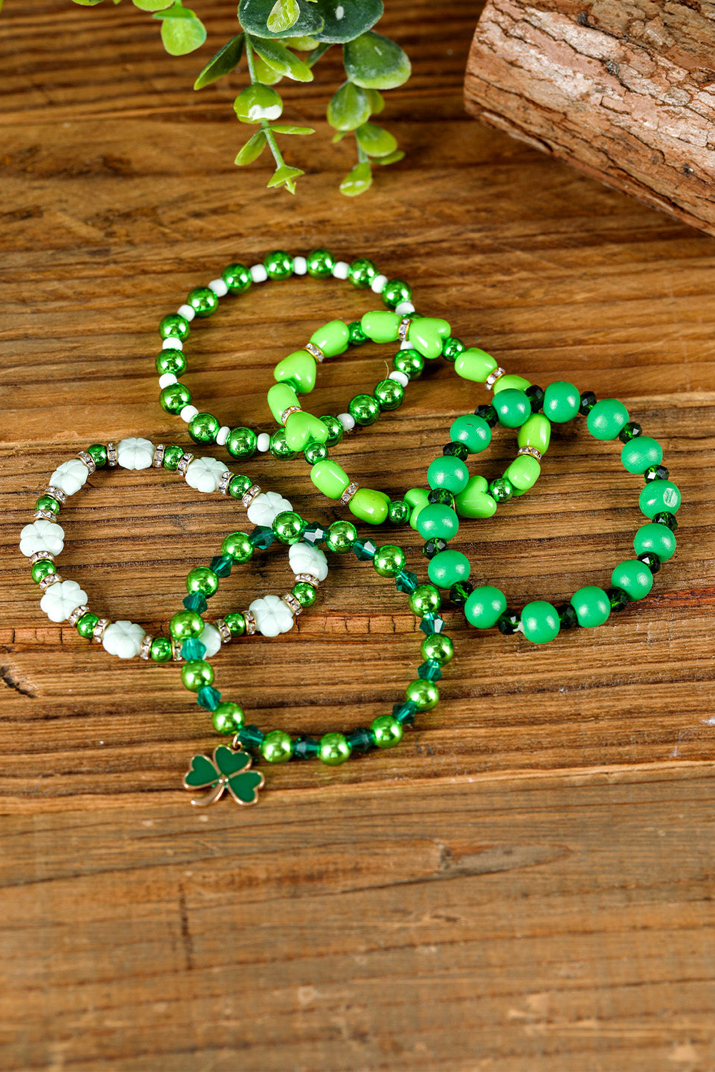 Green St Patricks Day 5pcs Clover Pendant Beaded Bracelet Set