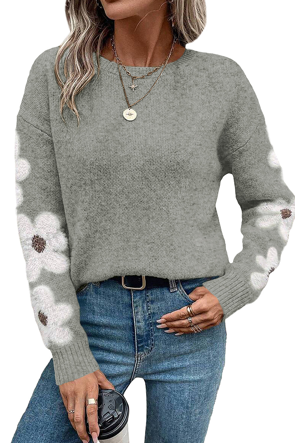 Light Grey Flower Sleeve Drop Shoulder Sweater