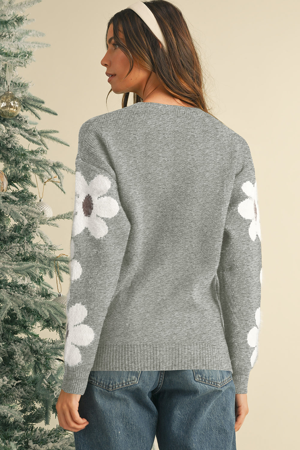 Light Grey Flower Sleeve Drop Shoulder Sweater