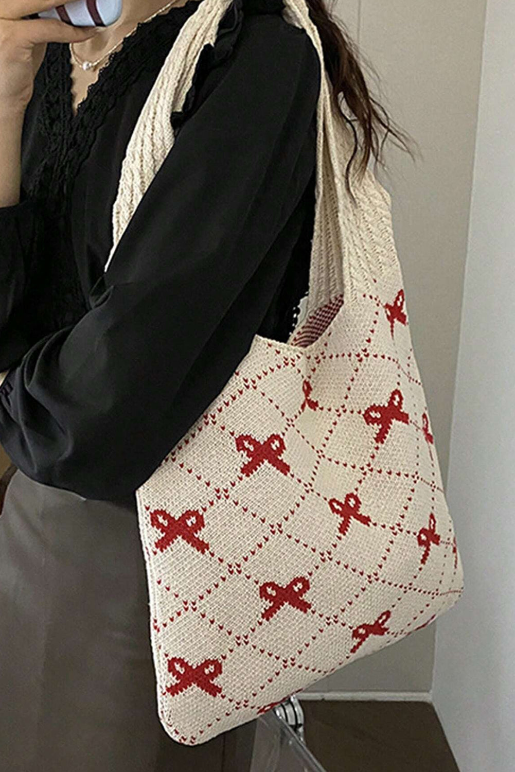 Fiery Red Bow Argyle Pattern Cable Knit Tote Bag