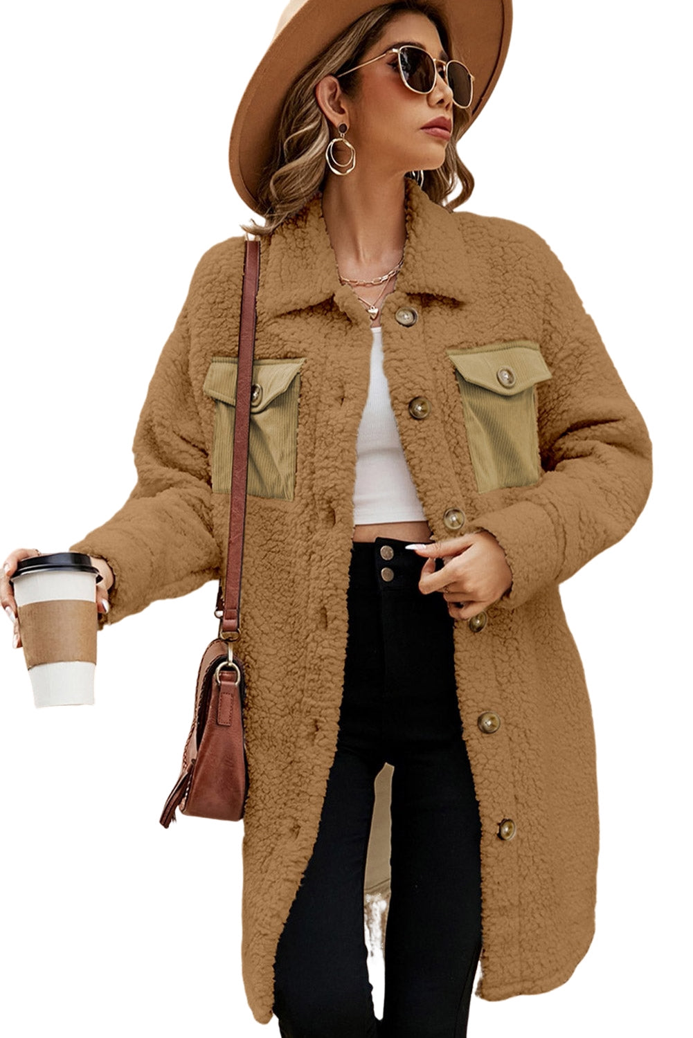 Khaki Contrast Flap Pocket Single Breasted Teddy Coat