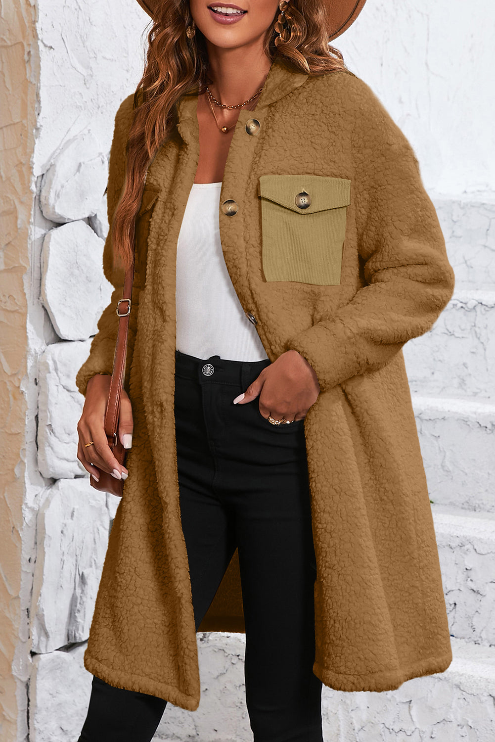 Khaki Contrast Flap Pocket Single Breasted Teddy Coat