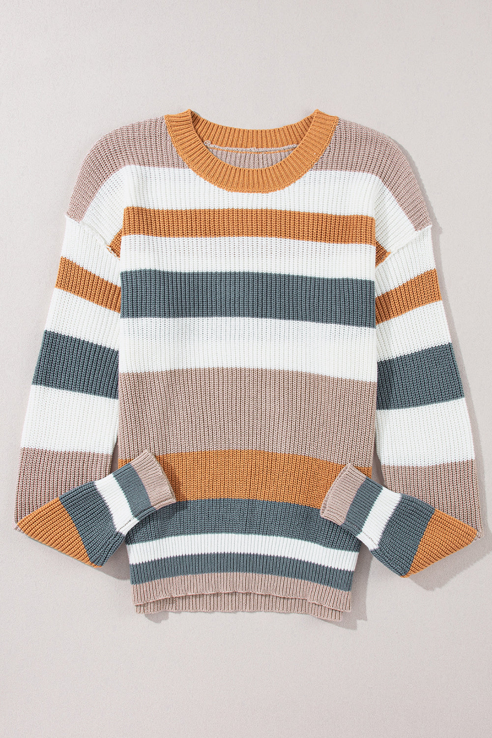 Camel Ribbed Round Neck Color Block Knitted Sweater