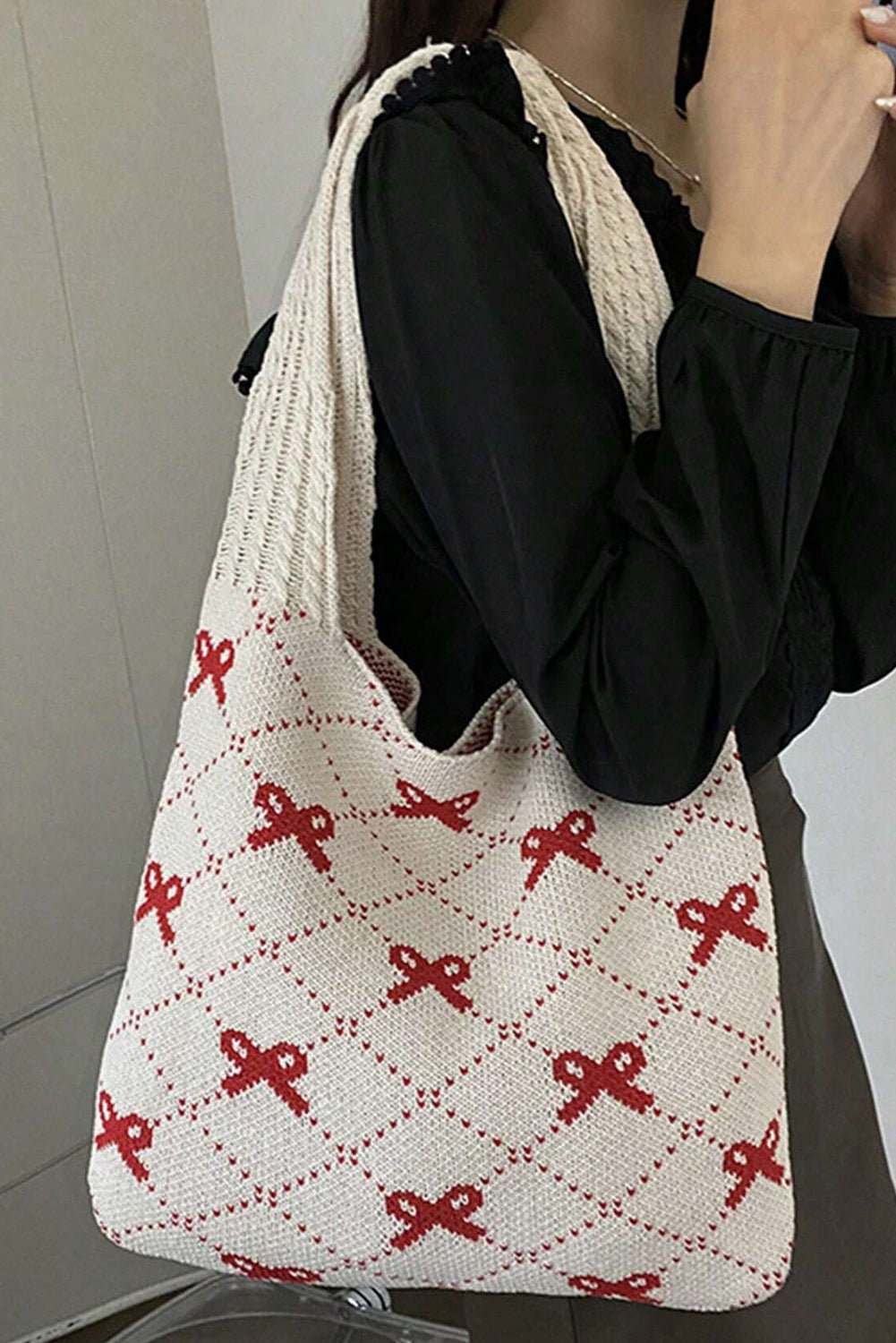 Fiery Red Bow Argyle Pattern Cable Knit Tote Bag