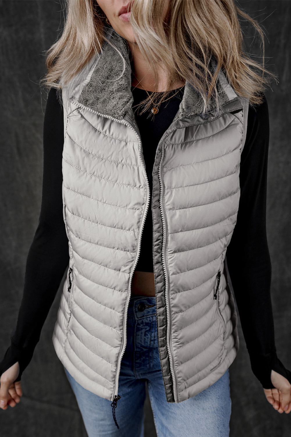 Burgundy Plush Collared Quilted Zipped Puffer Vest