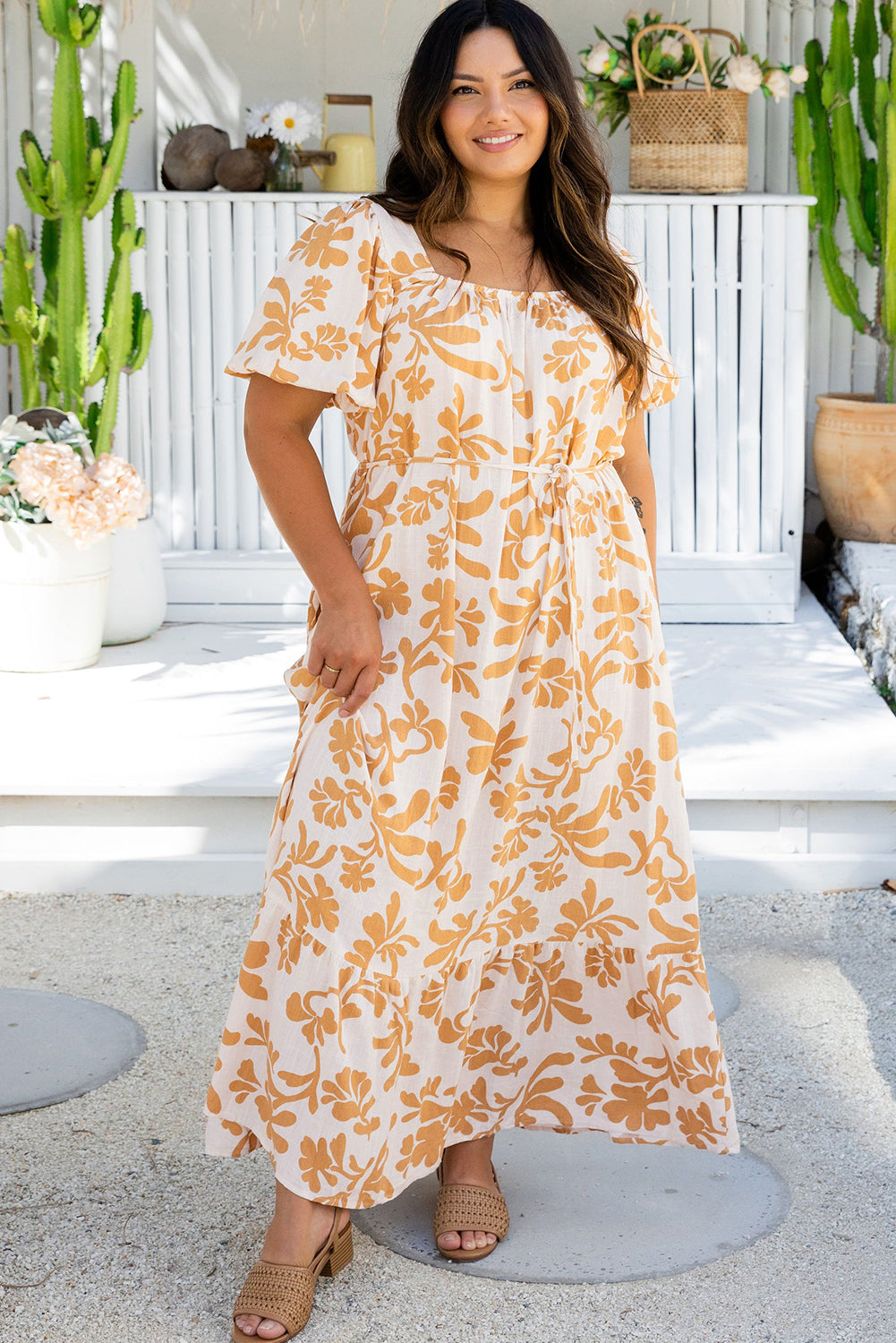 Apricot Floral Print Puff Short Sleeve Plus Size Maxi Dress