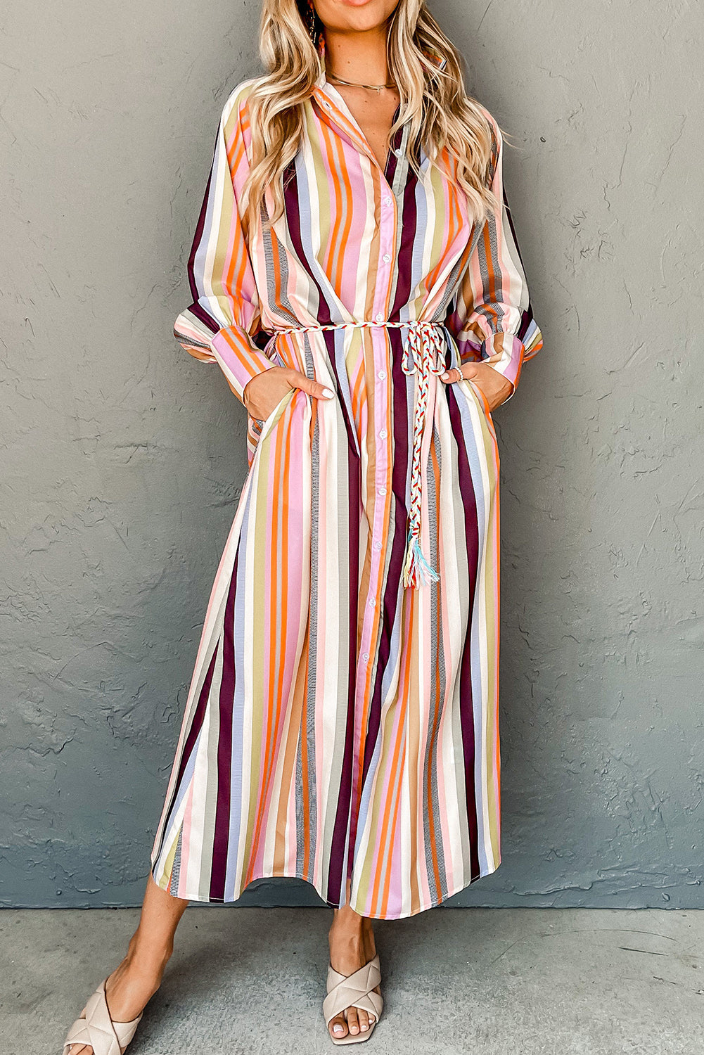 White Colorful Striped Cuffed Sleeve Tassel Tie Maxi Dress