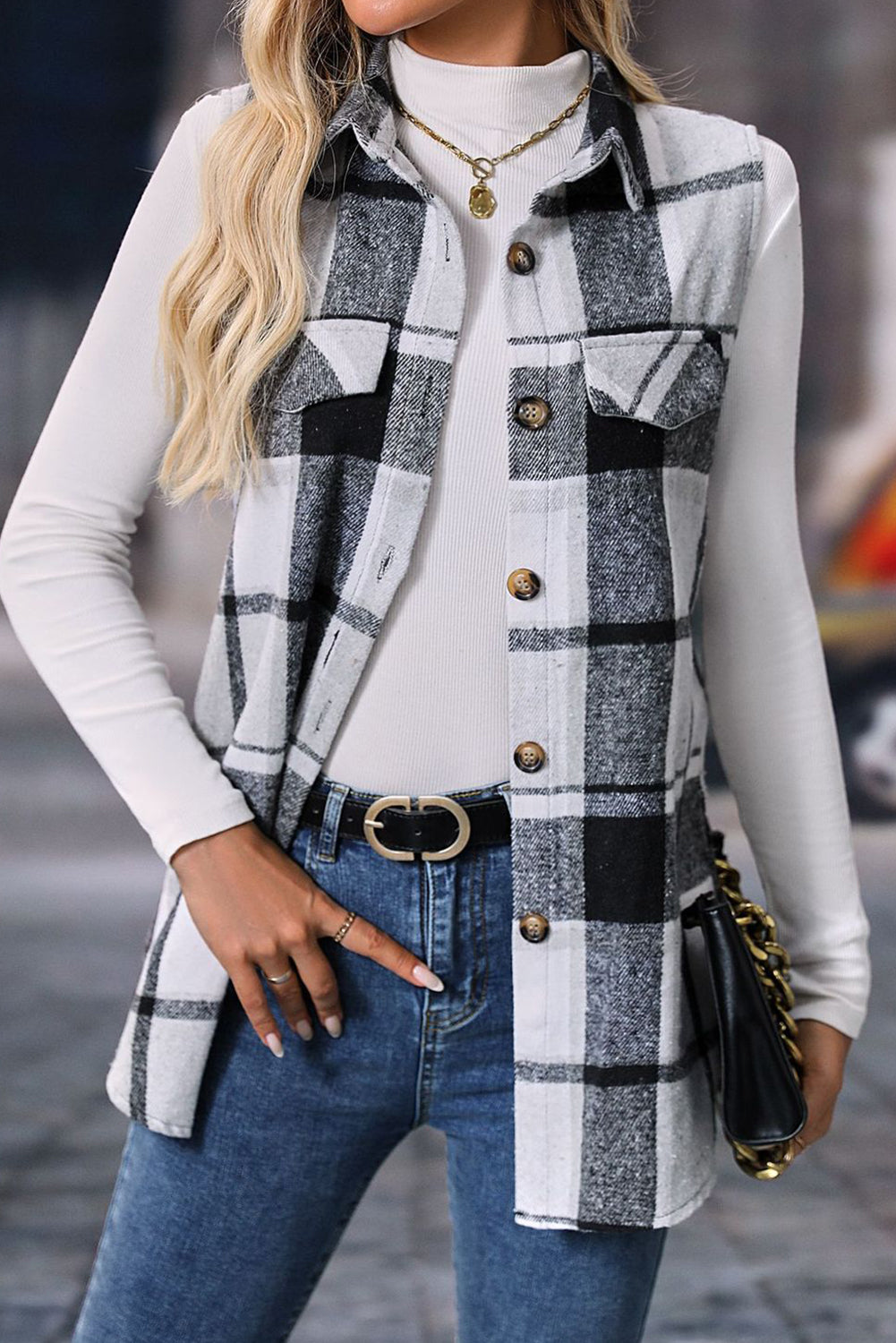 Light Grey Button Up Plaid Sleeveless Vest Jacket