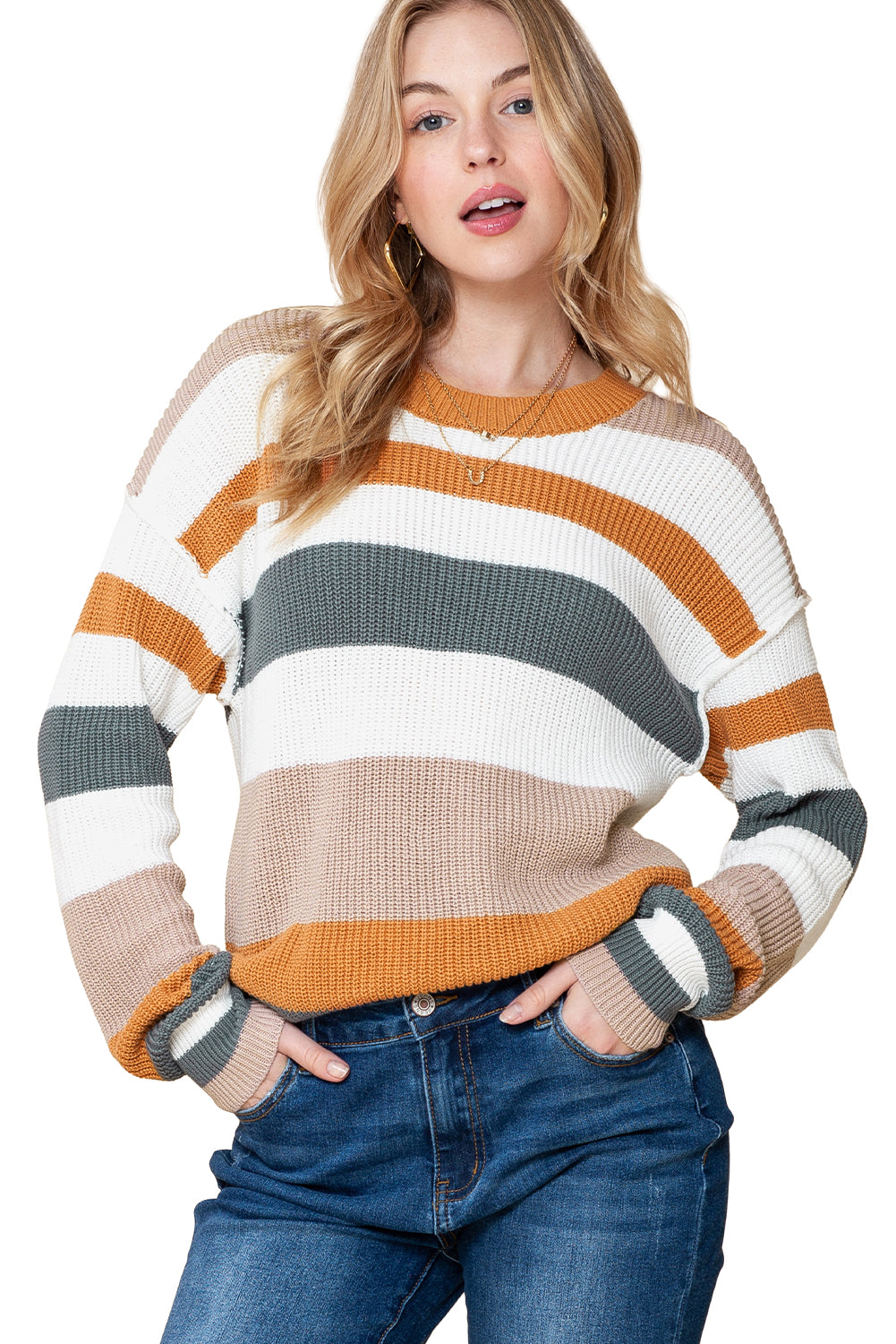 Camel Ribbed Round Neck Color Block Knitted Sweater