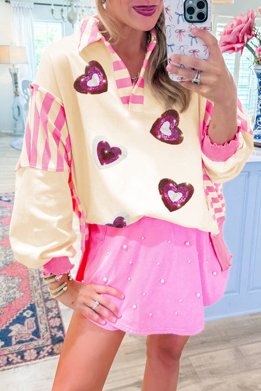 Pink Stripe Patchwork Sequin Heart Pattern Long Sleeve Collared Split Top