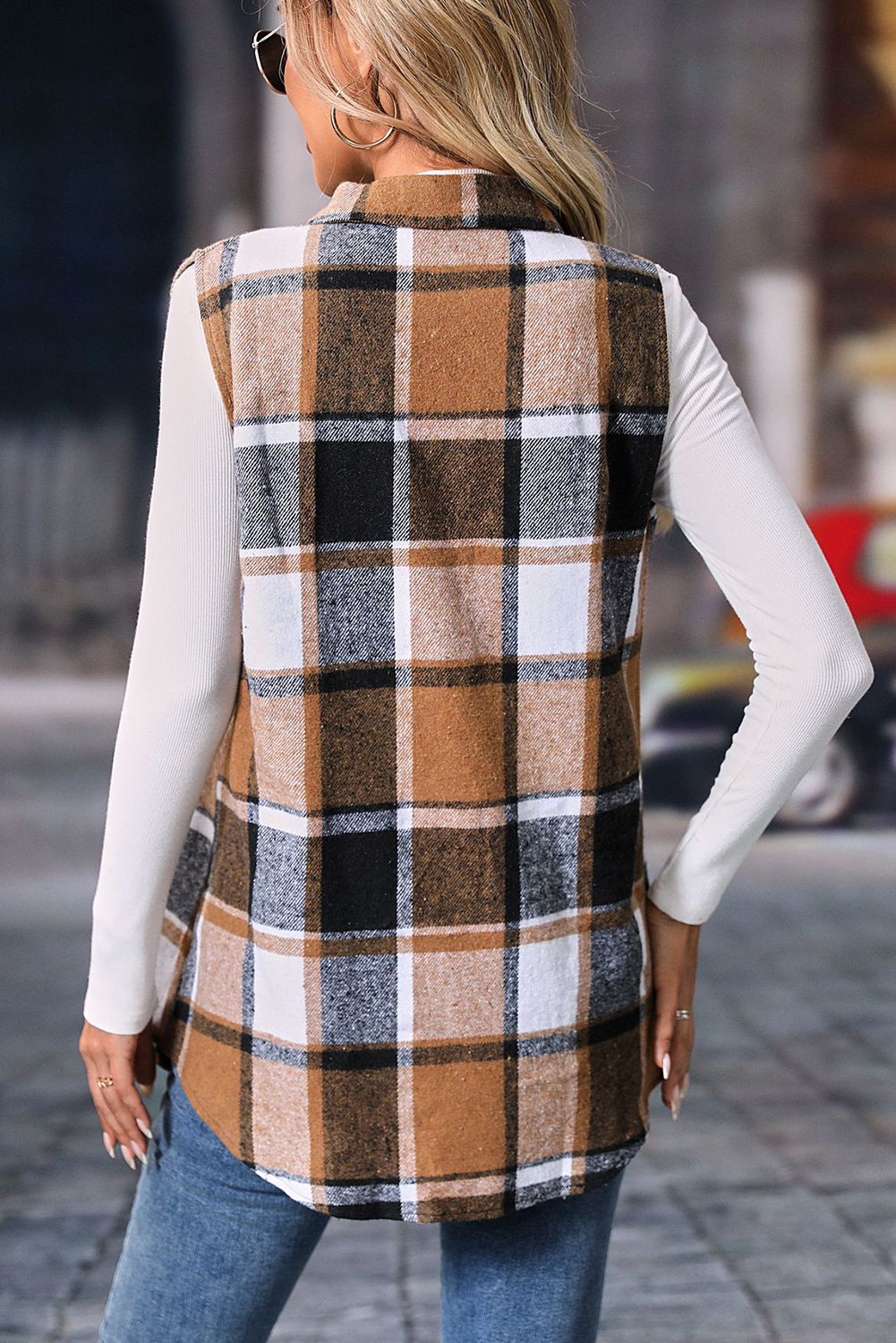 Light Grey Button Up Plaid Sleeveless Vest Jacket