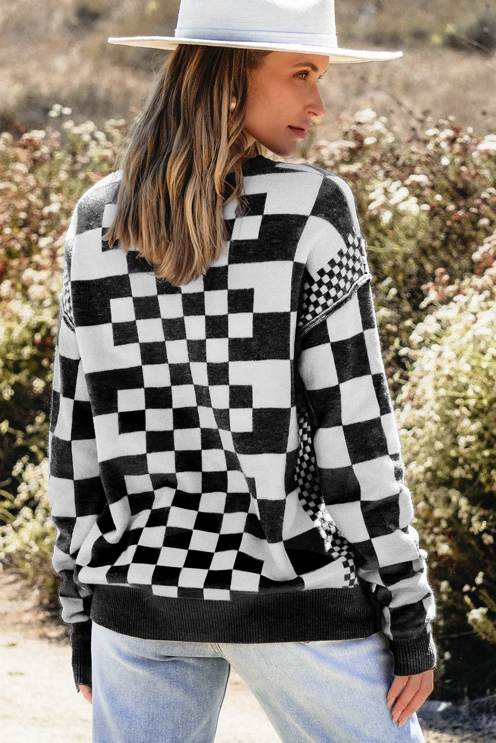 Black Checkered Drop Shoulder Round Neck Sweater