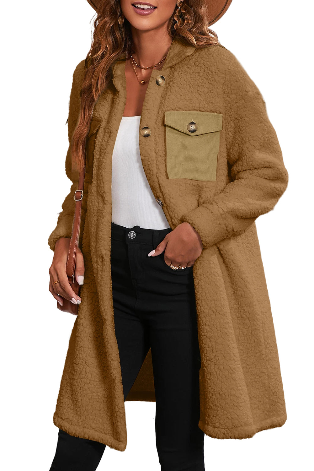 Khaki Contrast Flap Pocket Single Breasted Teddy Coat