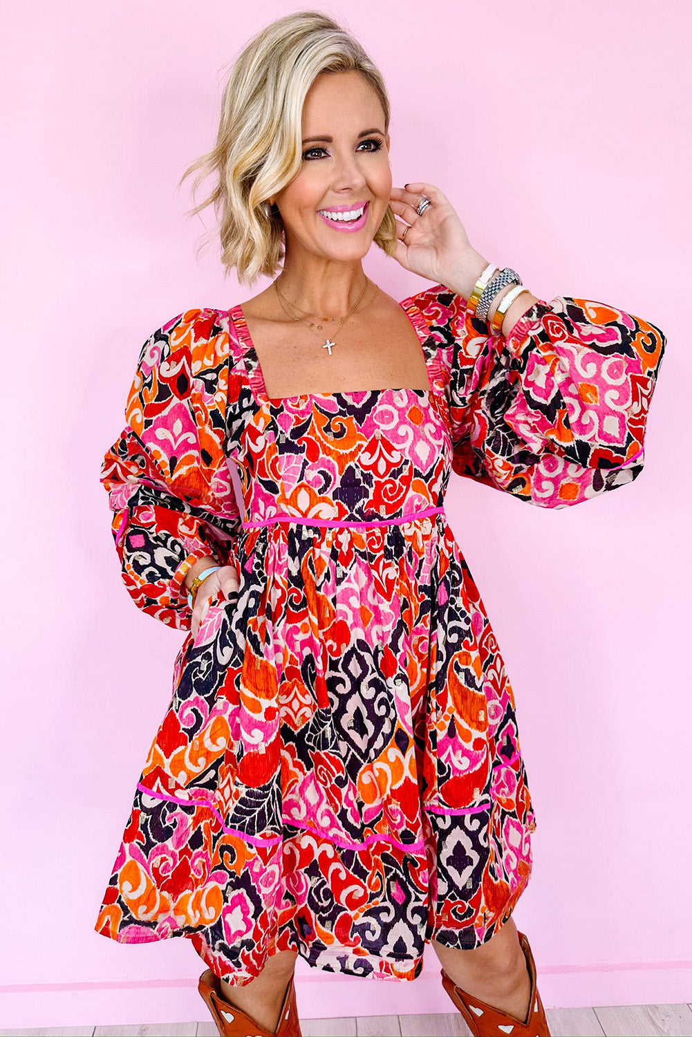 Pink Geometric Print Square Neck Puff Sleeve Mini Dress