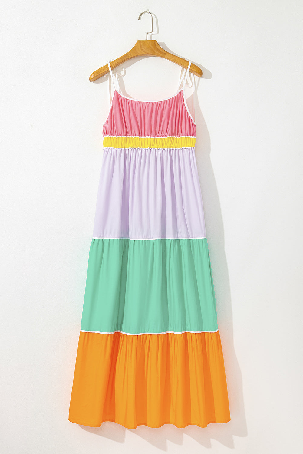 Multicolor Colorblock Self Tie Straps High Waist Flowy Maxi Dress with Pockets