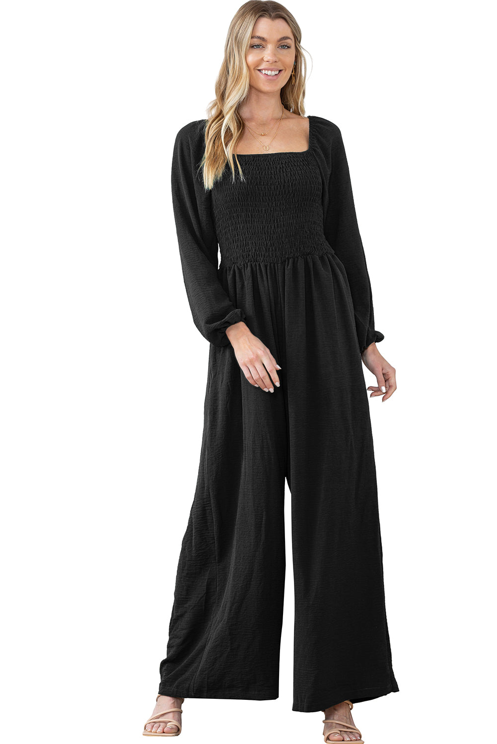 Green Smocked Square Neck Long Sleeve Wide Leg Jumpsuit