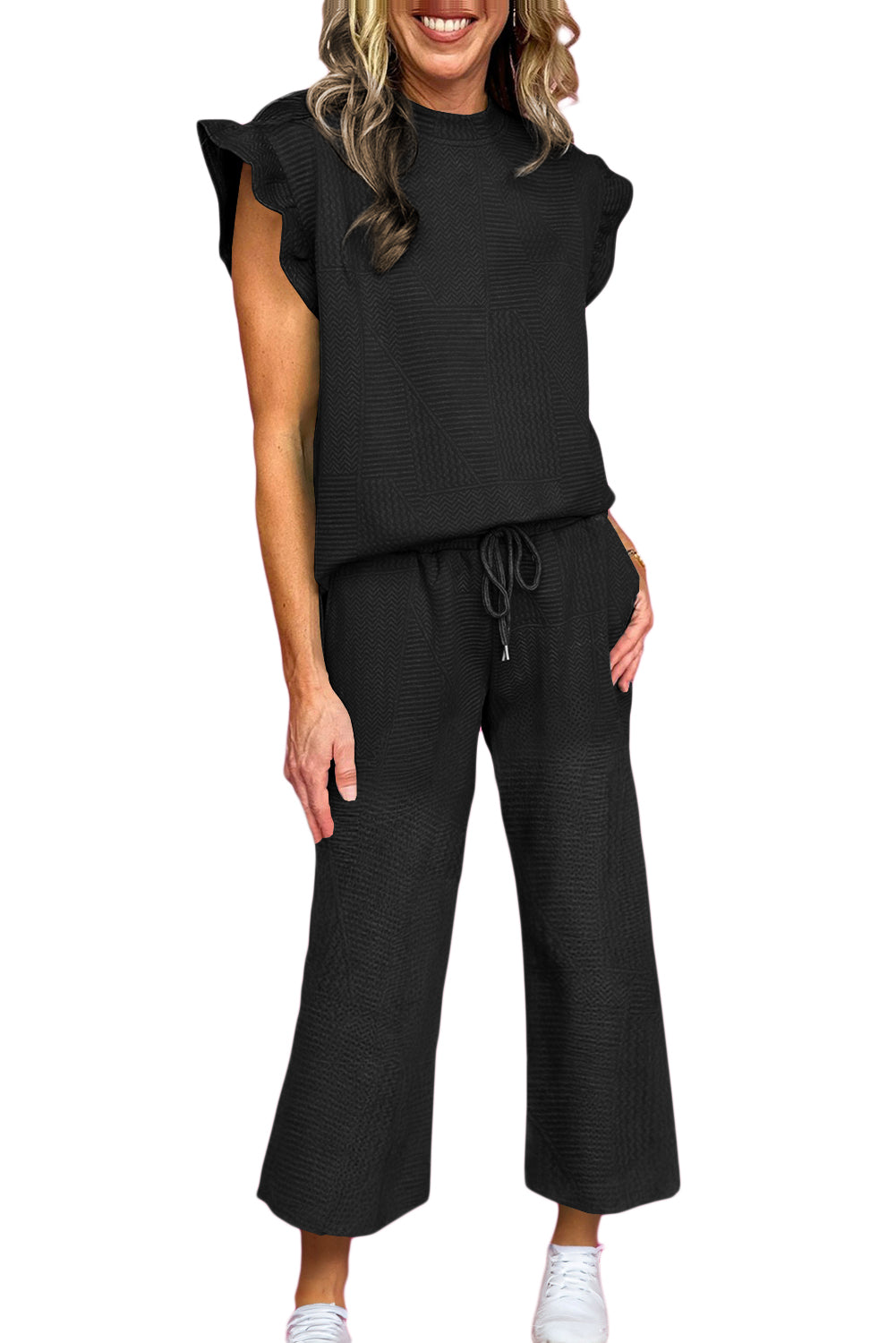 Skobeloff Textured Ruffle Top and Drawstring Pants Set