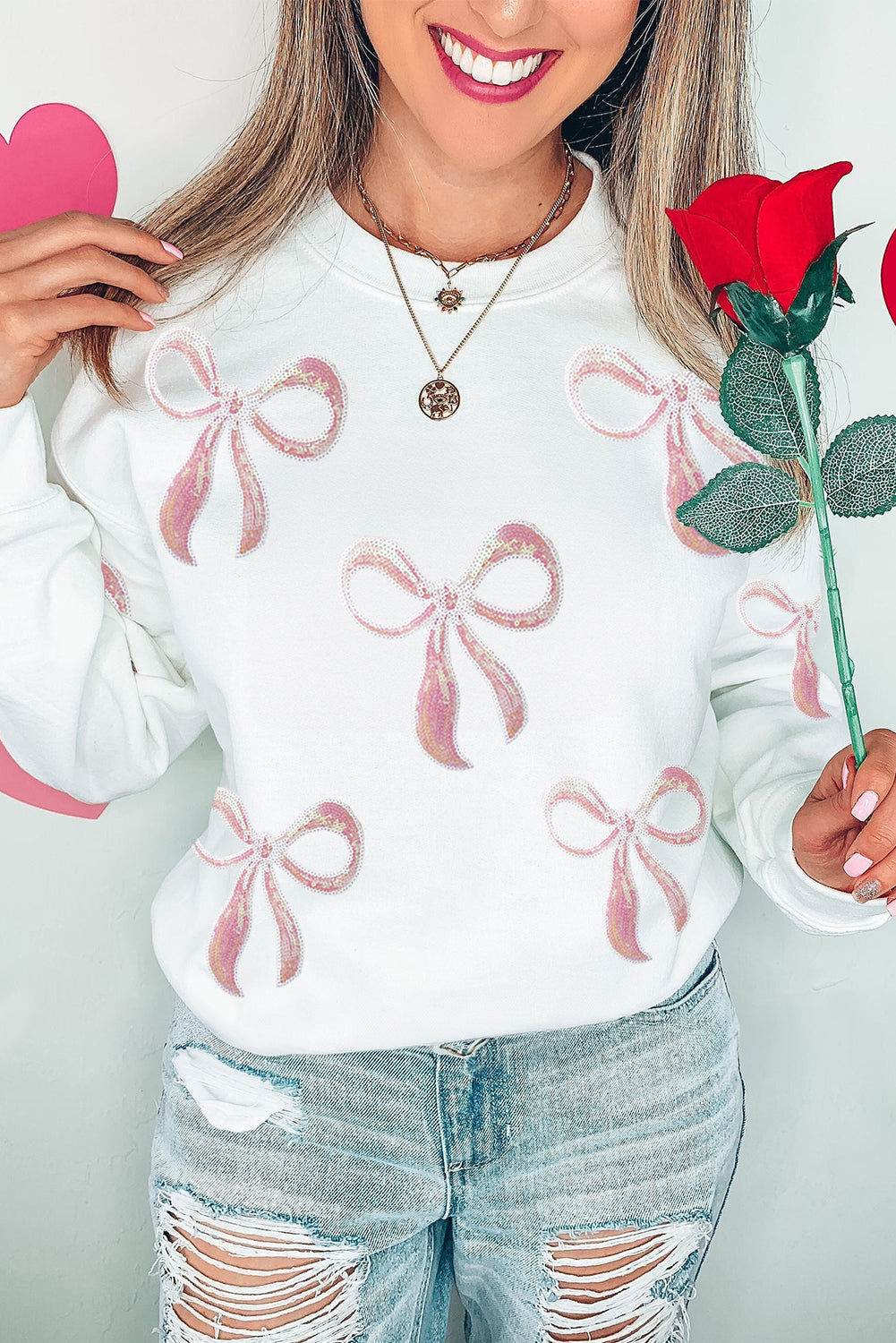 Beige Sequins Bow Valentine Drop Shoulder Loose Sweatshirt