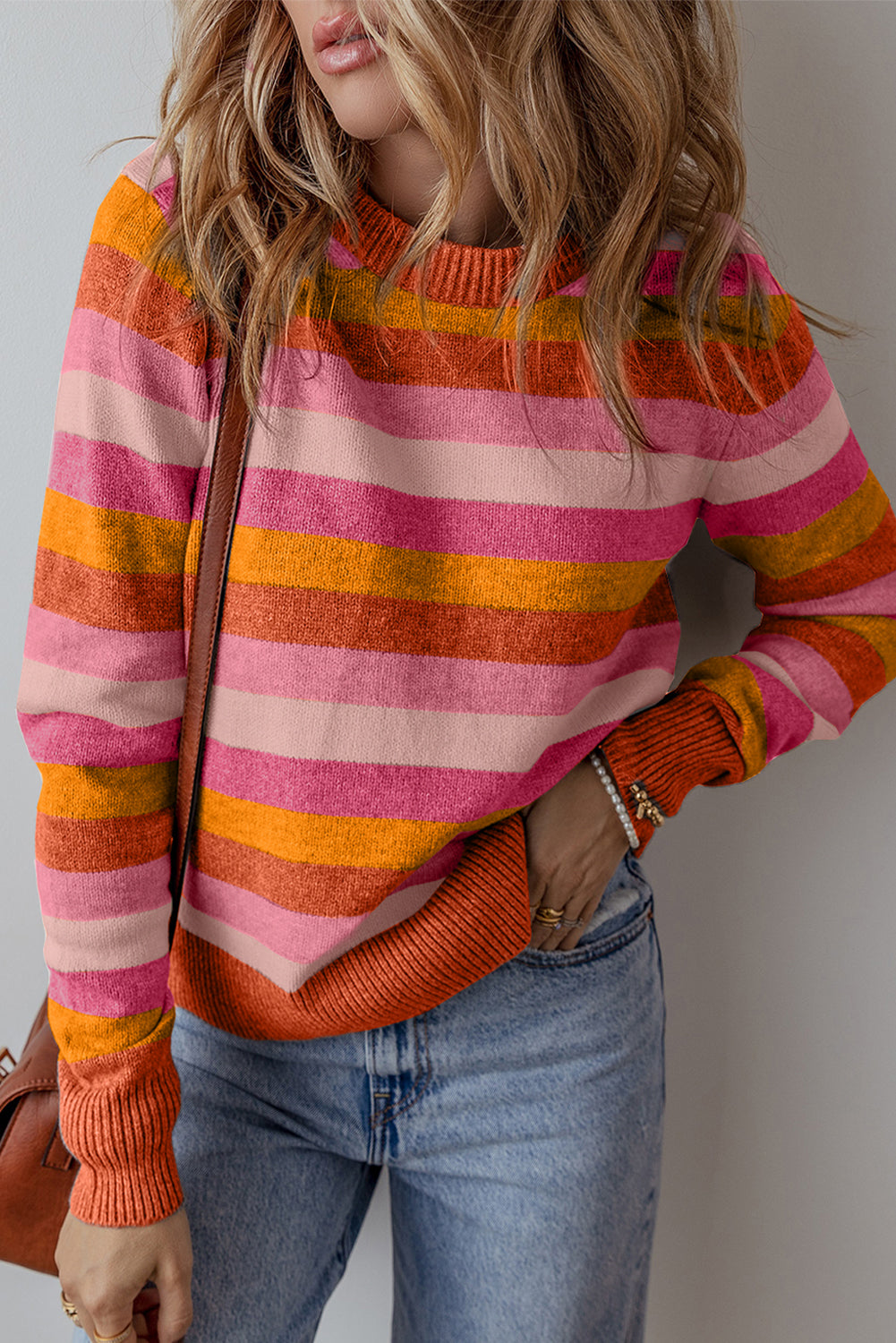 Gray Striped Ribbed Edge Round Neck Sweater