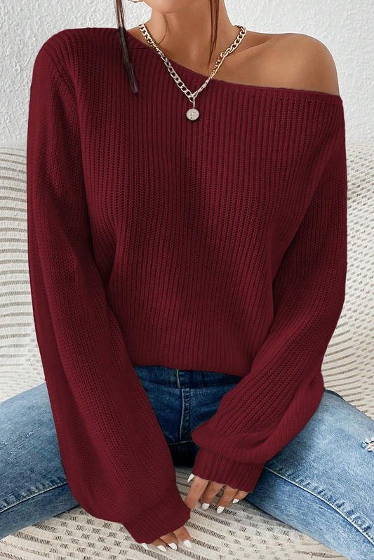 Burgundy Solid Color Of Shoulder Long Sleeve Sweater