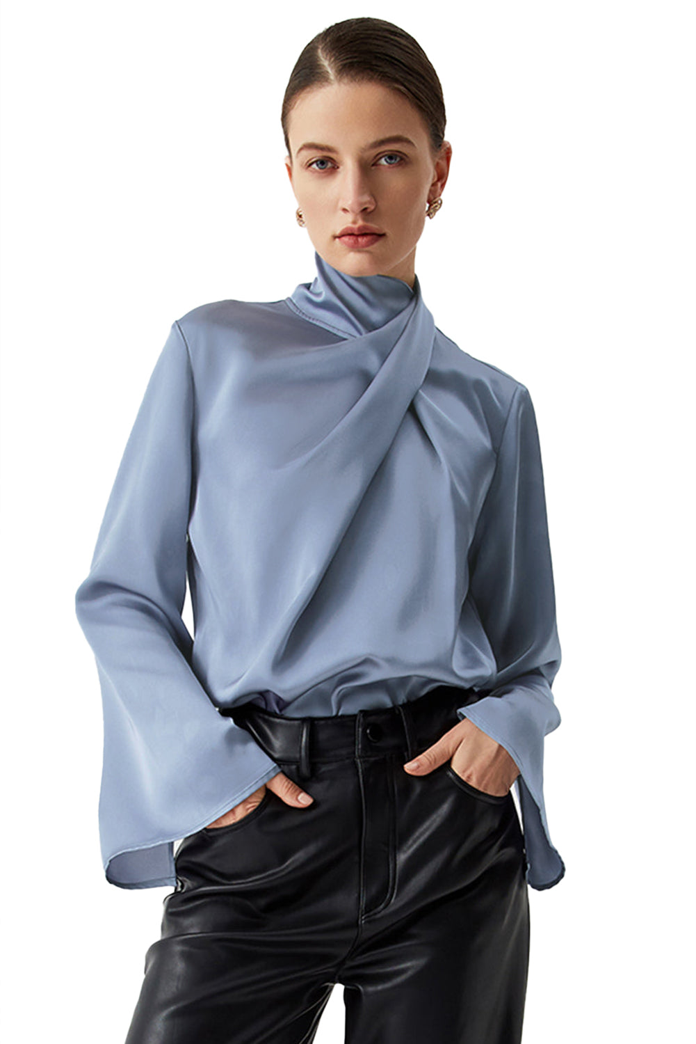 Ivy Asymmetric Turtleneck Elegant Satin Blouse