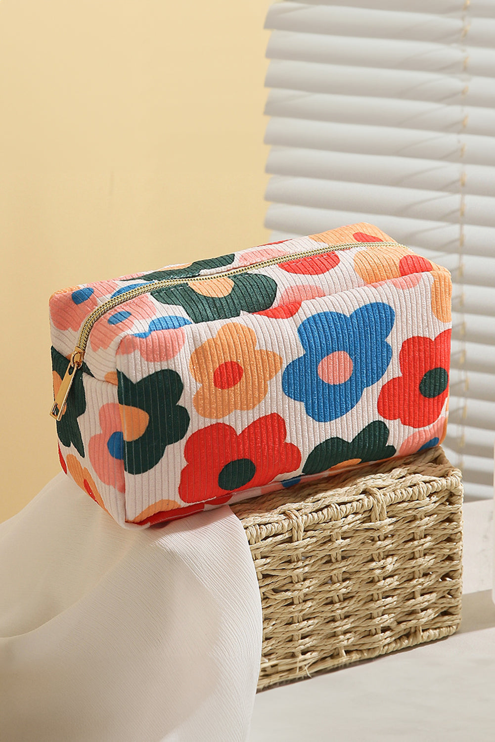 White Cute Flower Print Zipper Square Corduroy Cosmetic Bag