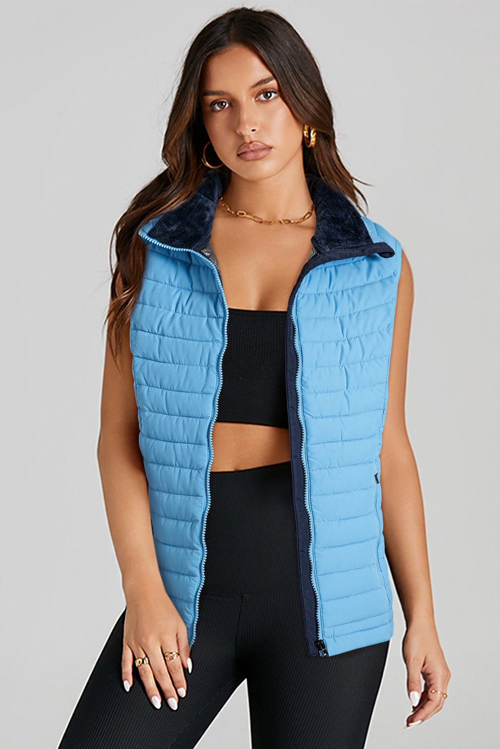 Burgundy Plush Collared Quilted Zipped Puffer Vest