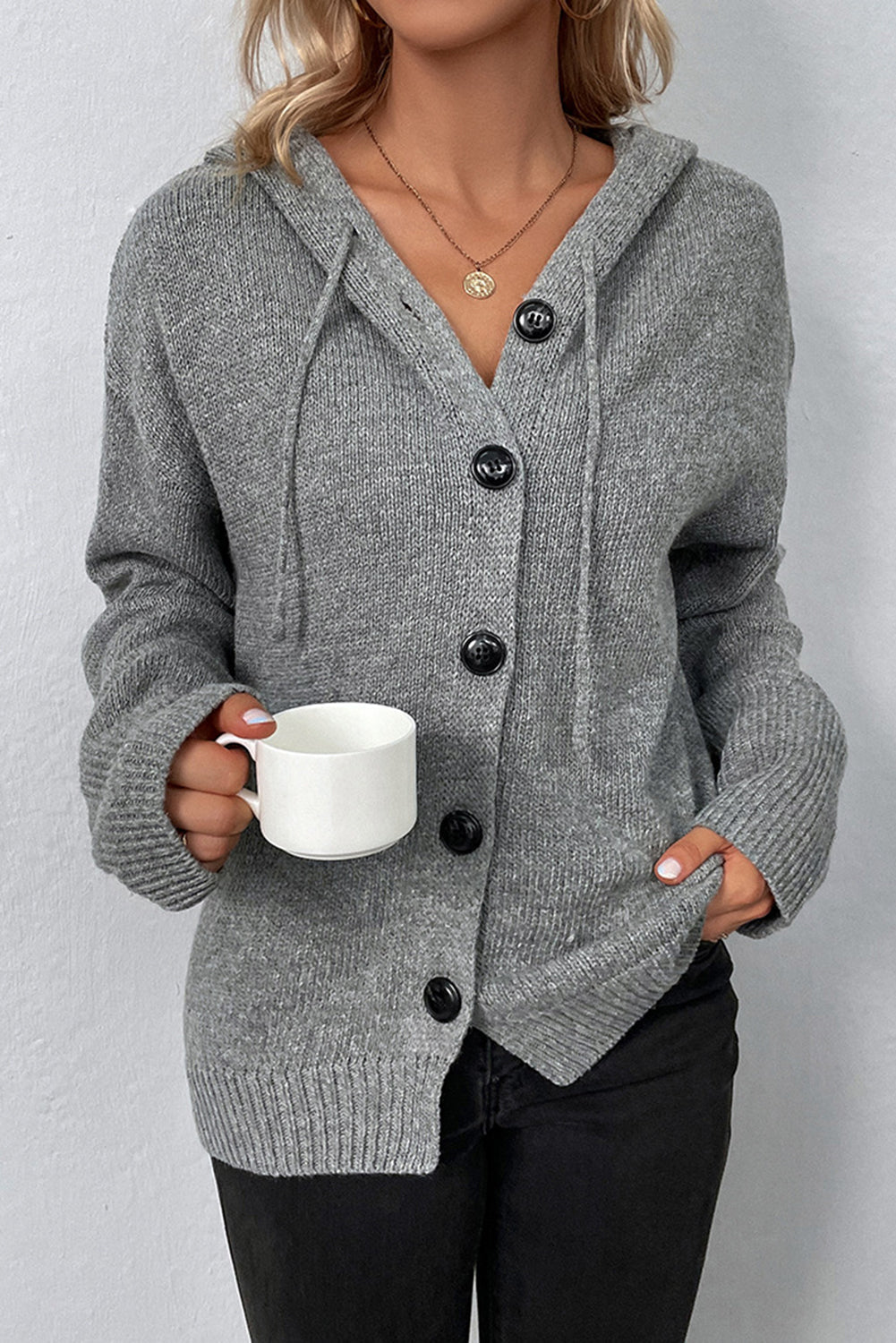 White Hooded Button Up Drop Shoulder Sweater Cardigan