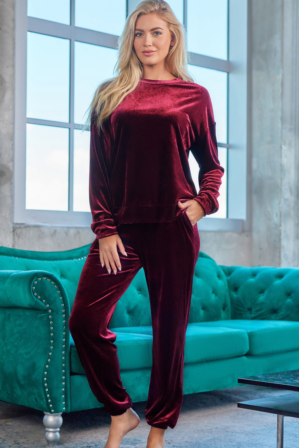 Red Solid Velvet Round Neck Top & Drawstring Pants Lounge Set