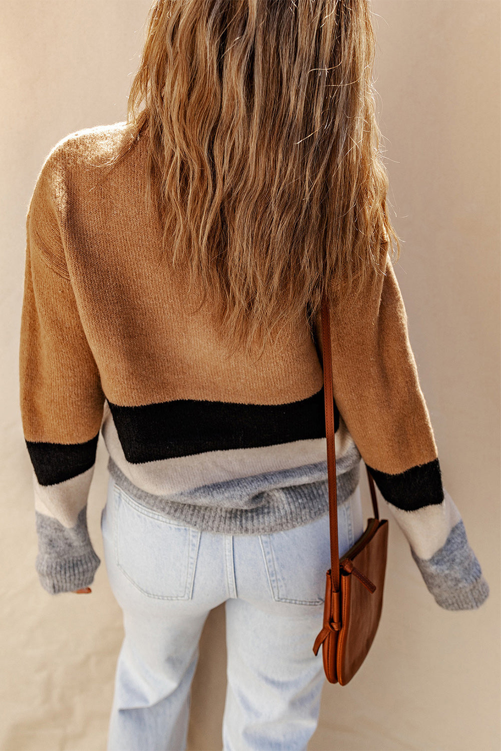 Brown Casual Striped Colorblock Ribbed Knit Sweater