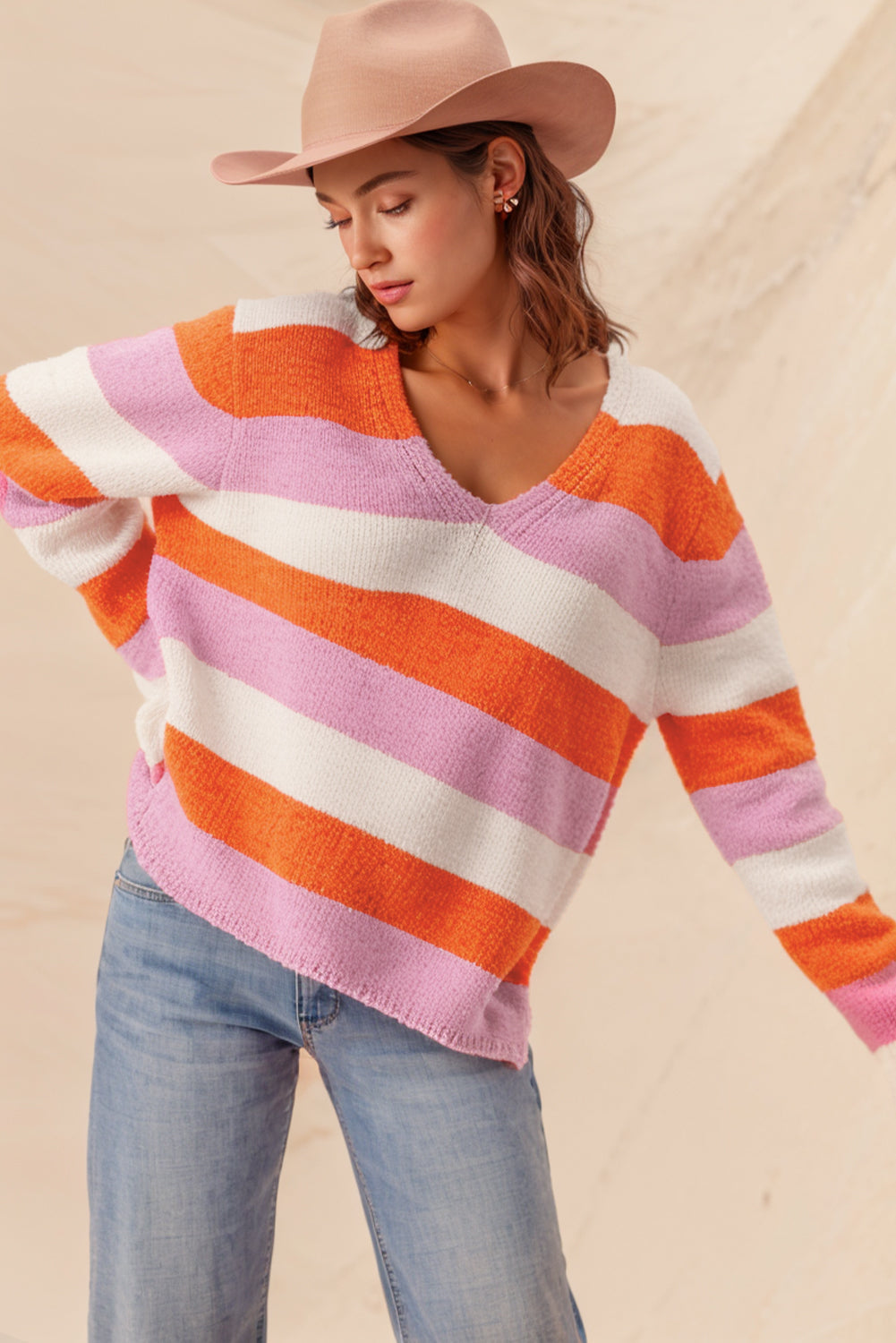 Orange Casual Stripe V Neck Side Slit Sweater