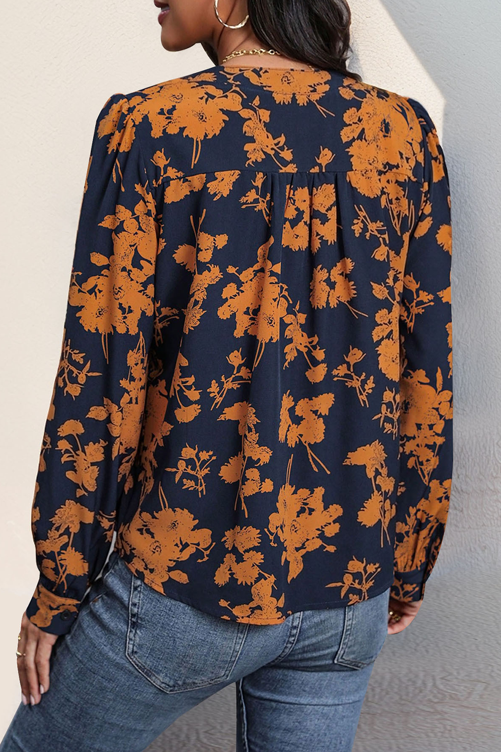 Navy Blue Floral Print Long Sleeve Blouse