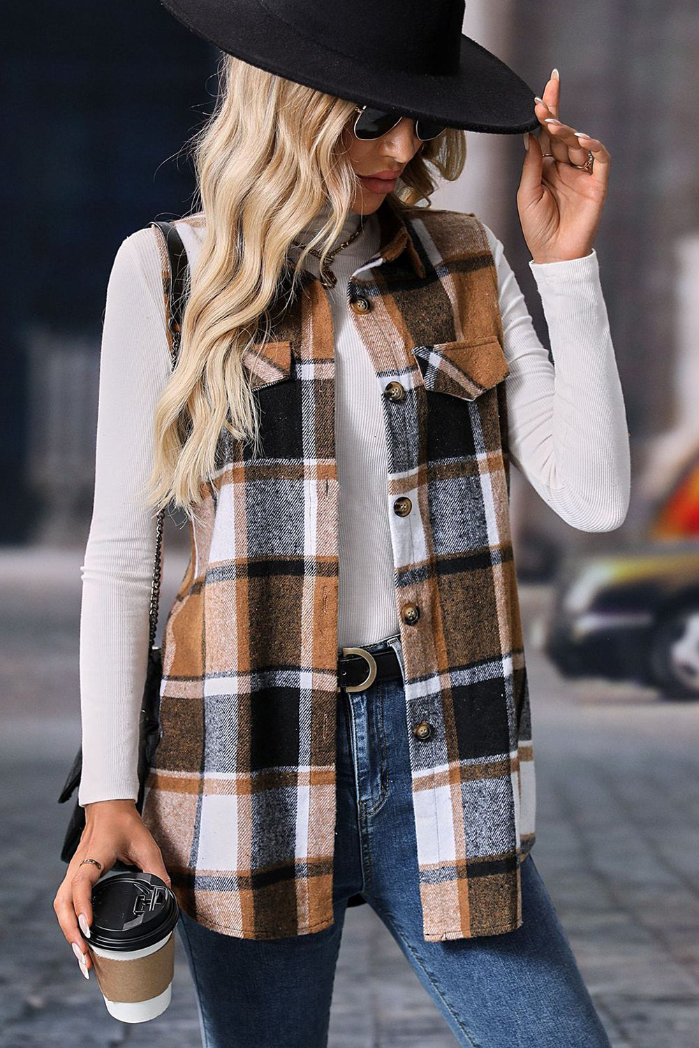 Light Grey Button Up Plaid Sleeveless Vest Jacket