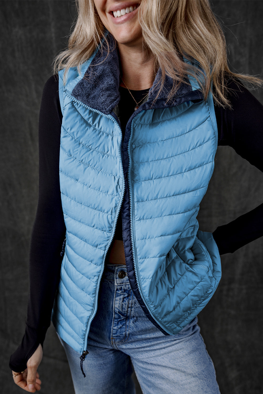 Burgundy Plush Collared Quilted Zipped Puffer Vest