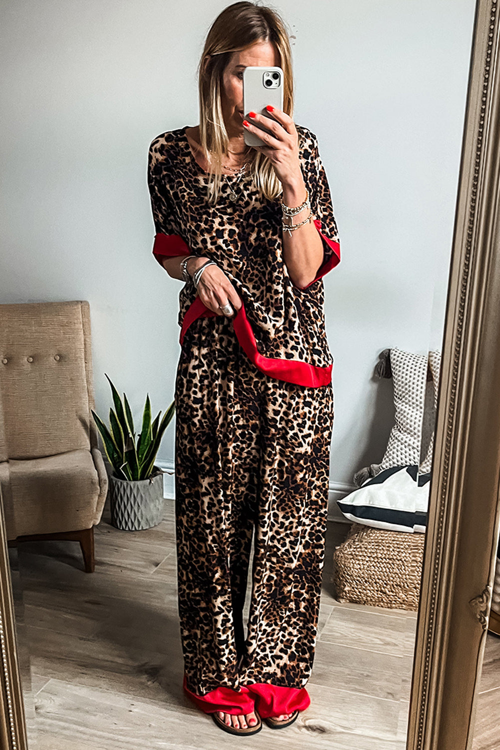 Brown Leopard Print Colorblock Edge Loose Fit Pants Set