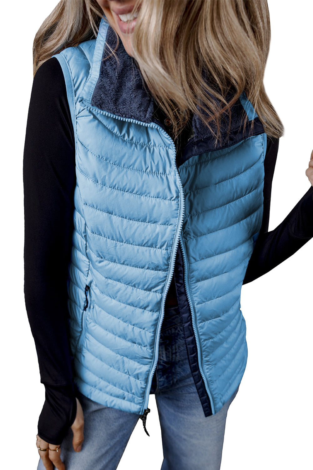 Burgundy Plush Collared Quilted Zipped Puffer Vest